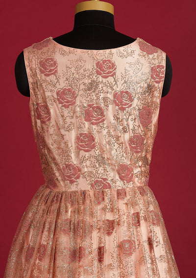 Peach Glitter Net Designer Gown - Koskii