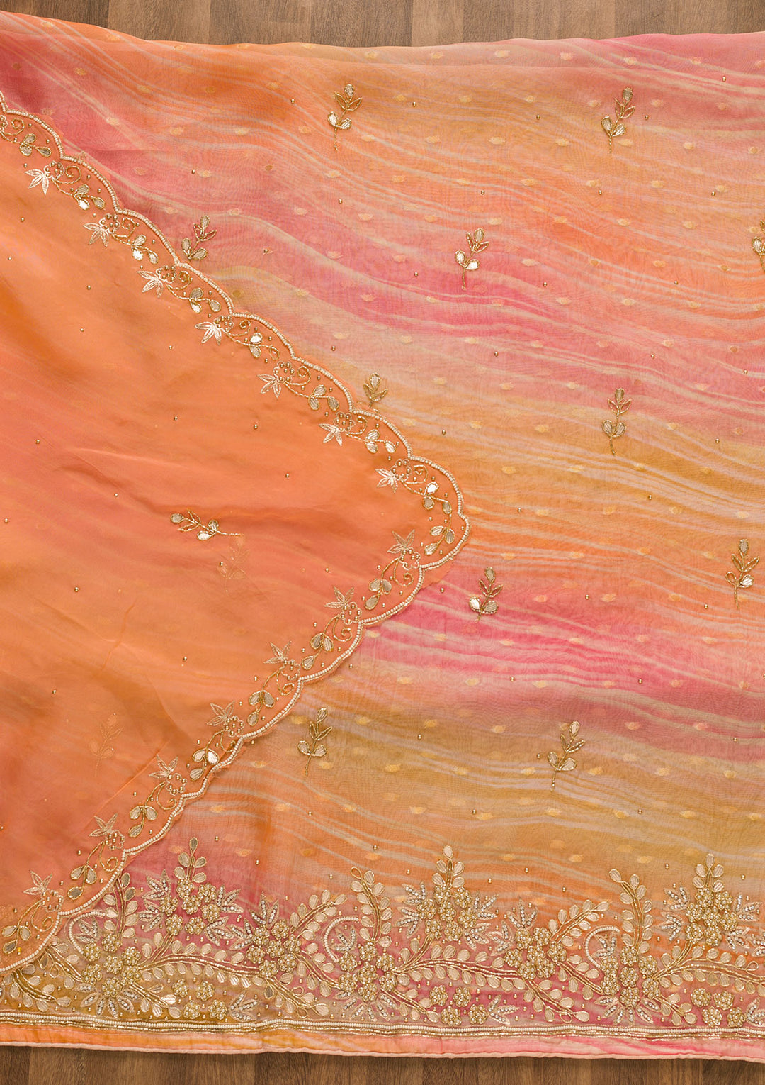 Peach Gotapatti Organza Unstitched Salwar Suit-Koskii