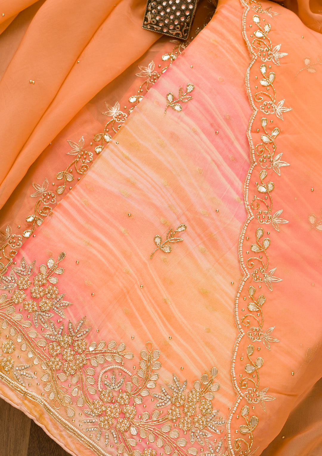 Peach Gotapatti Organza Unstitched Salwar Suit-Koskii