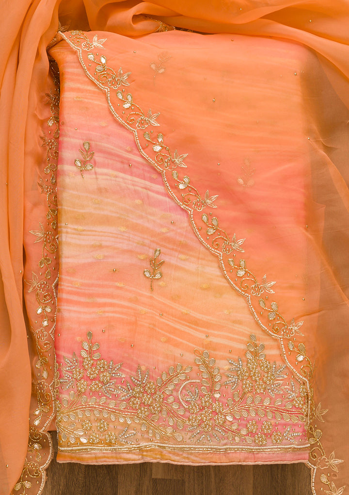 Peach Gotapatti Organza Unstitched Salwar Suit-Koskii