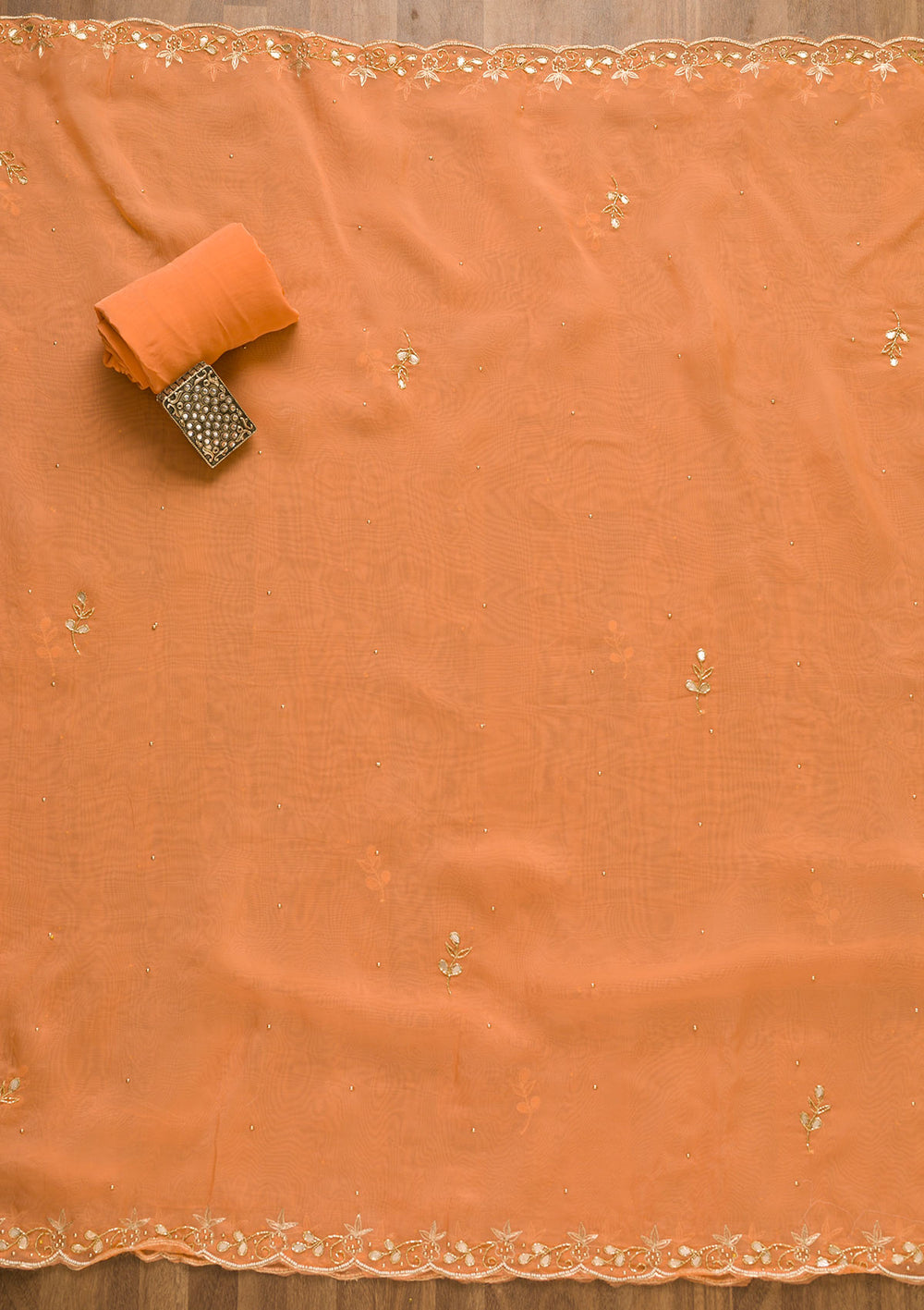 Peach Gotapatti Organza Unstitched Salwar Suit-Koskii