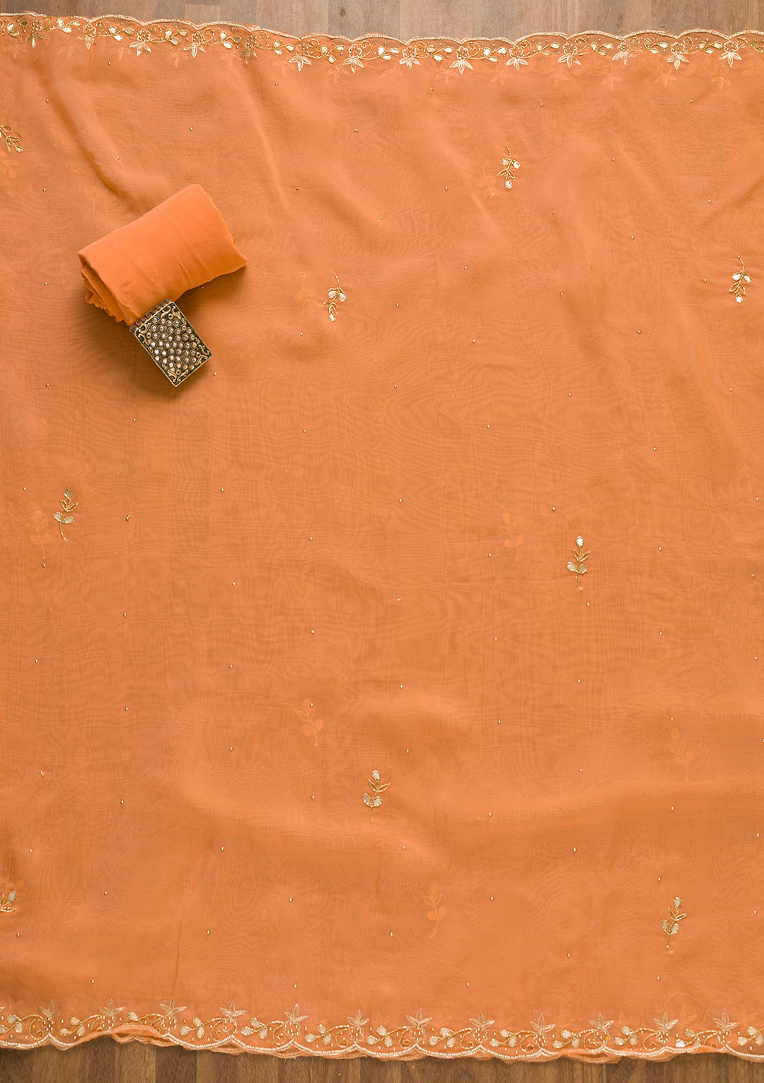 Peach Gotapatti Organza Unstitched Salwar Suit-Koskii