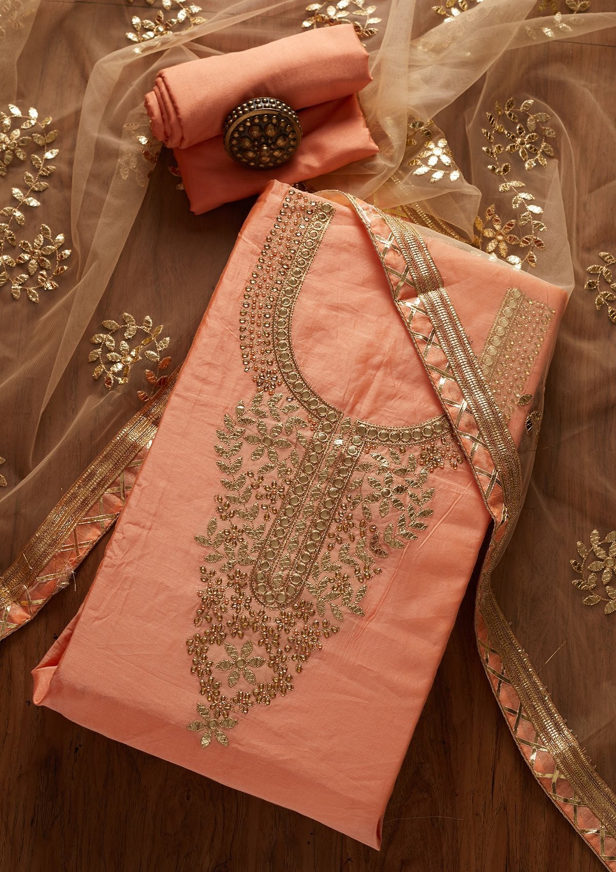 Peach Gotapatti Chanderi Designer Unstitched Salwar Suit - koskii