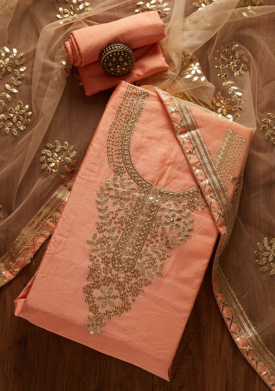 Peach Gotapatti Chanderi Designer Unstitched Salwar Suit - koskii