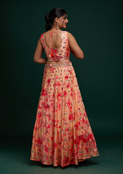 Peach Mirrorwork Art Silk Designer Lehenga - Koskii