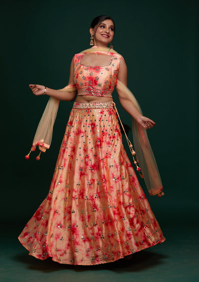 Peach Mirrorwork Art Silk Designer Lehenga - Koskii