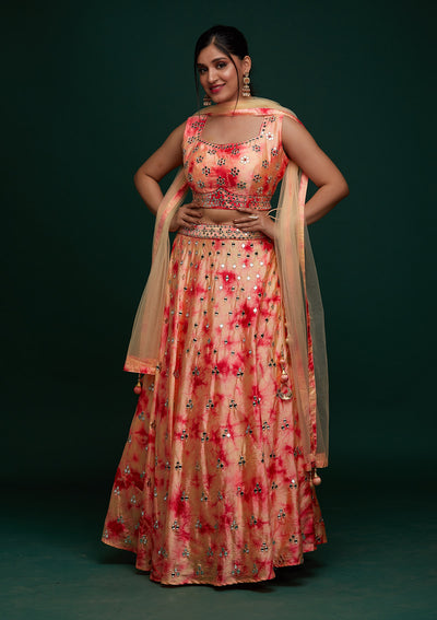 Peach Mirrorwork Art Silk Designer Lehenga - Koskii