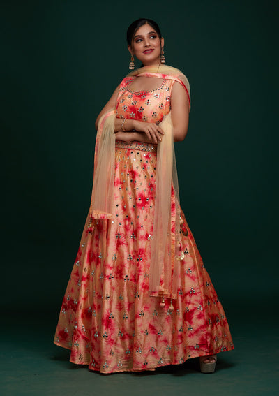 Peach Mirrorwork Art Silk Designer Lehenga - Koskii