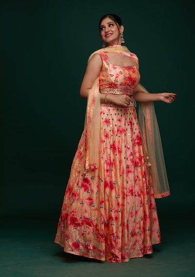 Peach Mirrorwork Art Silk Designer Lehenga - Koskii
