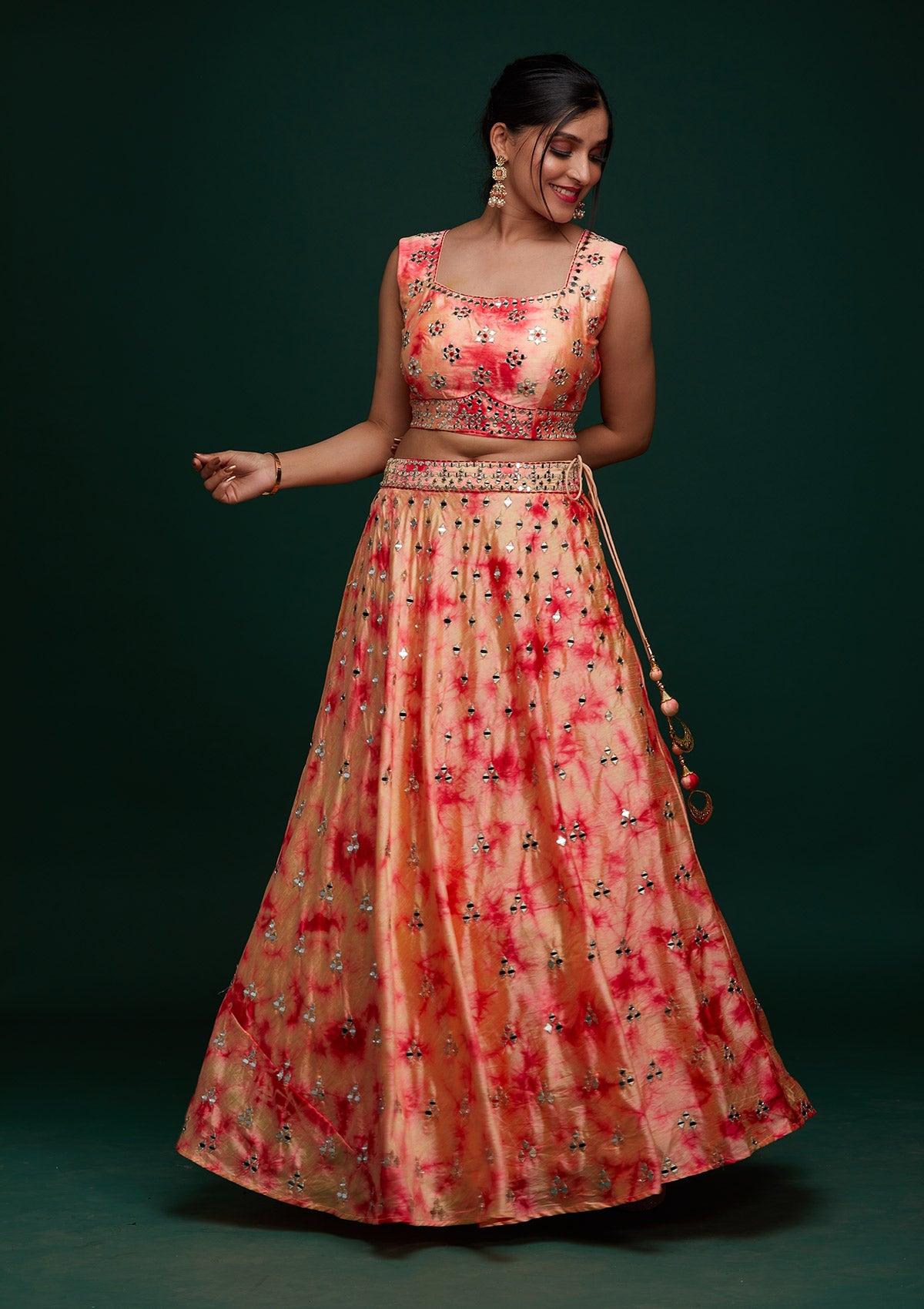 Peach Mirrorwork Art Silk Designer Lehenga - Koskii