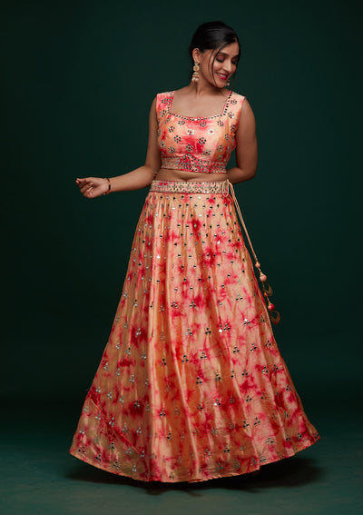 Peach Mirrorwork Art Silk Designer Lehenga - Koskii