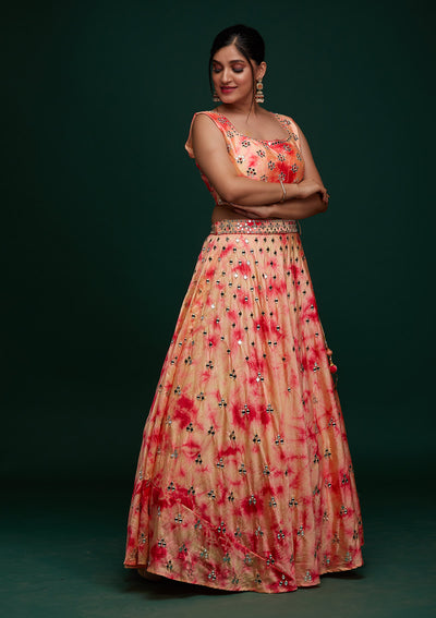 Peach Mirrorwork Art Silk Designer Lehenga - Koskii