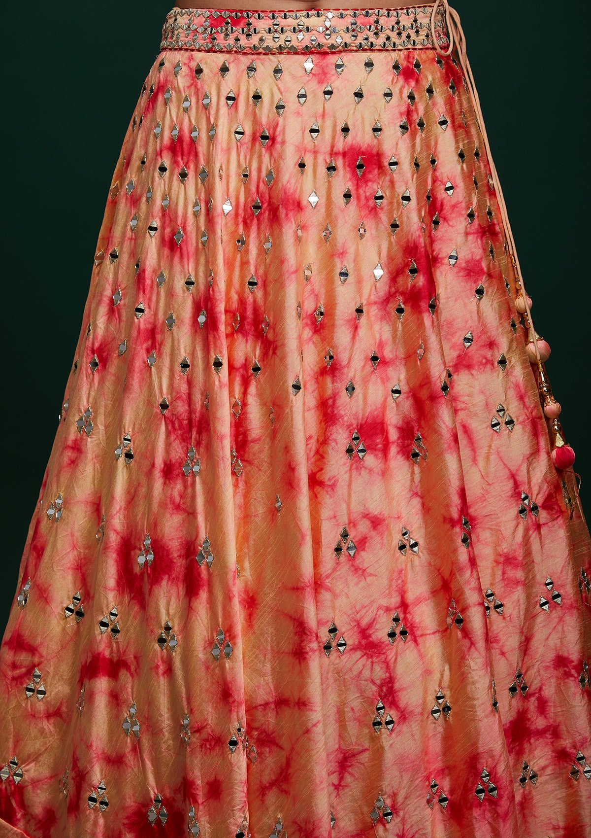 Peach Mirrorwork Art Silk Designer Lehenga - Koskii