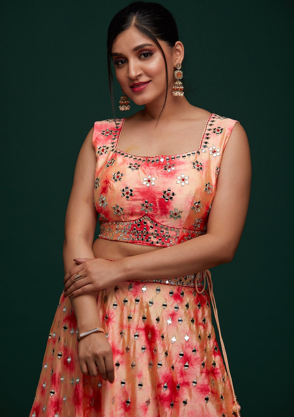 Peach Mirrorwork Art Silk Designer Lehenga - Koskii