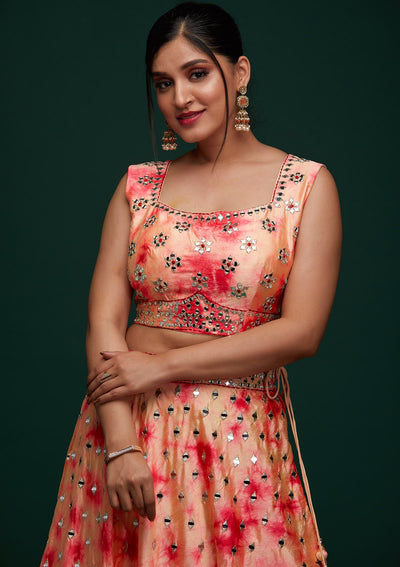 Peach Mirrorwork Art Silk Designer Lehenga - Koskii