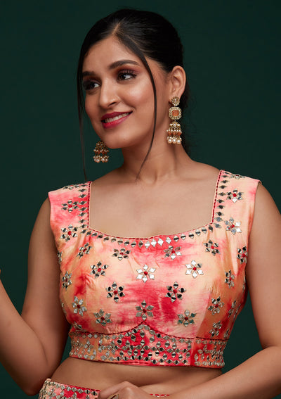 Peach Mirrorwork Art Silk Designer Lehenga - Koskii