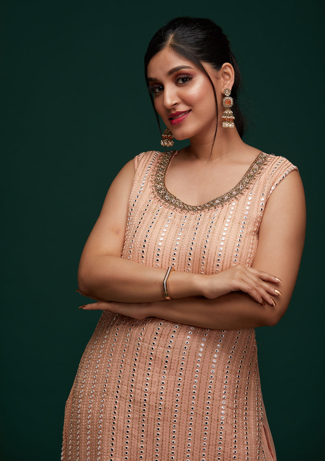 Peach Mirrorwork Georgette Designer Salwar Suit - Koskii