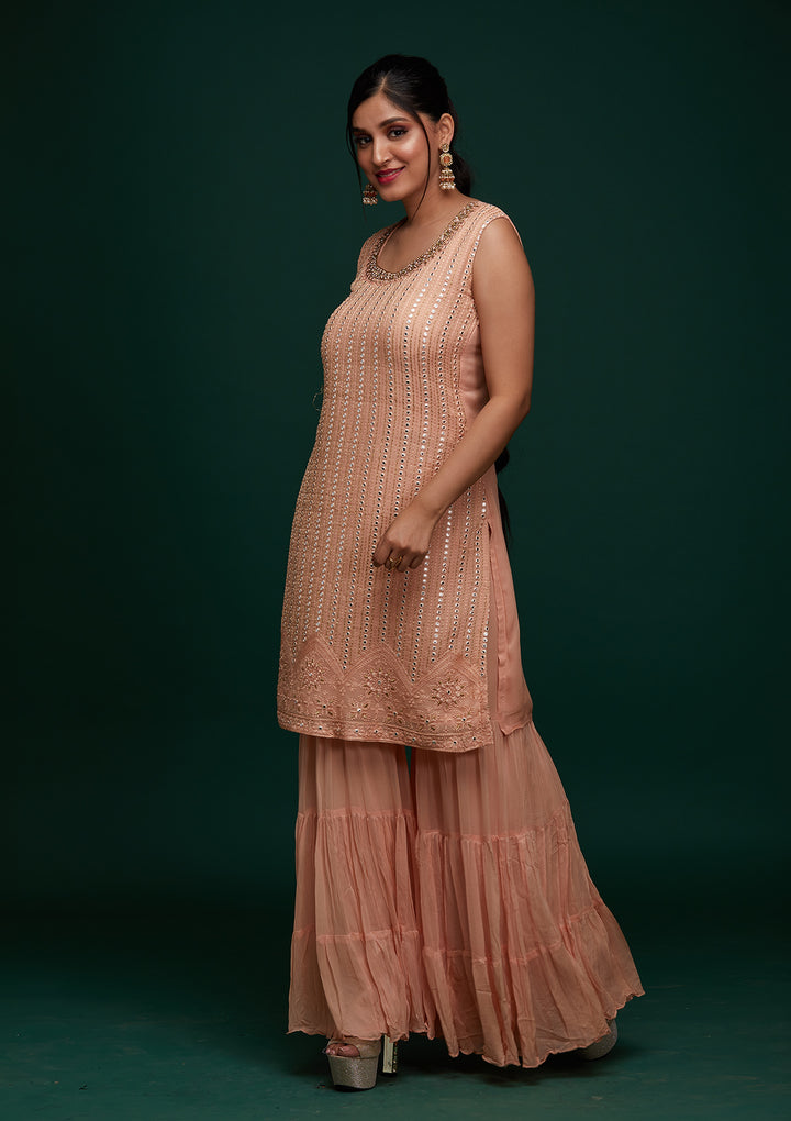 Peach Mirrorwork Georgette Designer Salwar Suit - Koskii