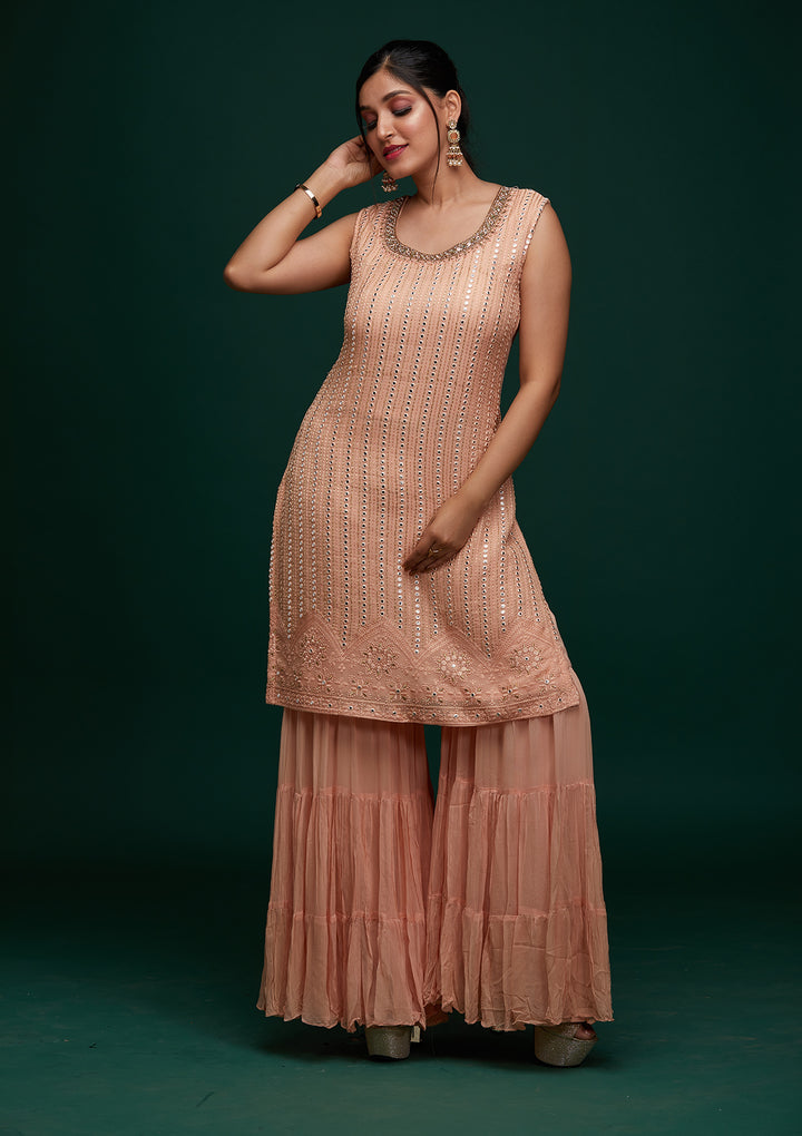 Peach Mirrorwork Georgette Designer Salwar Suit - Koskii