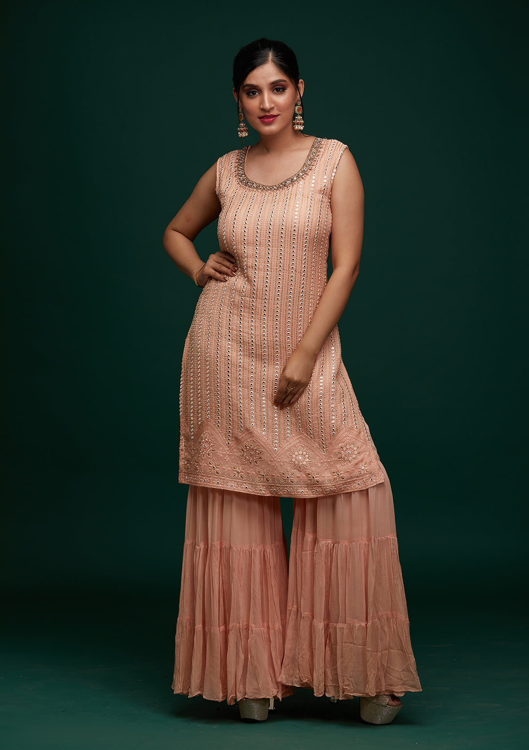 Peach Mirrorwork Georgette Designer Salwar Suit - Koskii