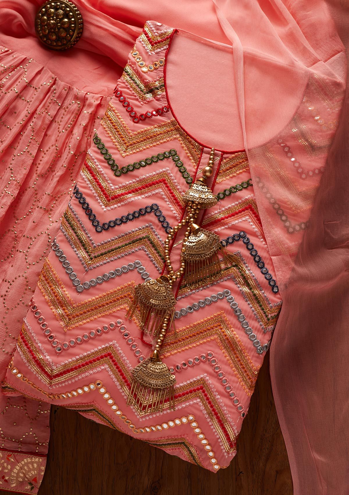 Peach Mirrorwork Georgette Designer Semi-Stitched Salwar Suit - koskii