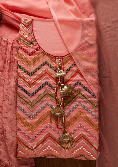 Peach Mirrorwork Georgette Designer Semi-Stitched Salwar Suit - koskii