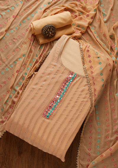 Peach Mirrorwork Georgette Designer Unstitched Salwar Suit - koskii