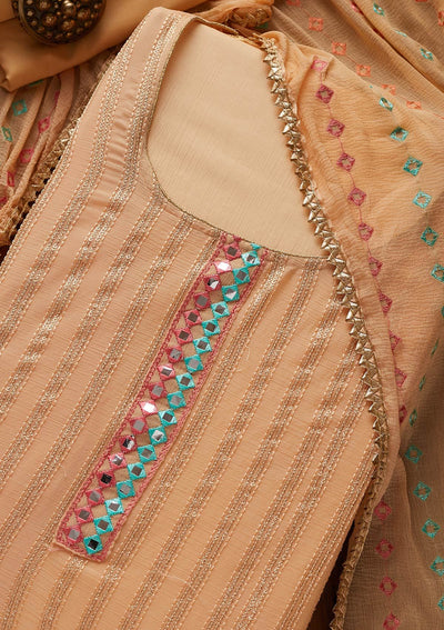 Peach Mirrorwork Georgette Designer Unstitched Salwar Suit - koskii