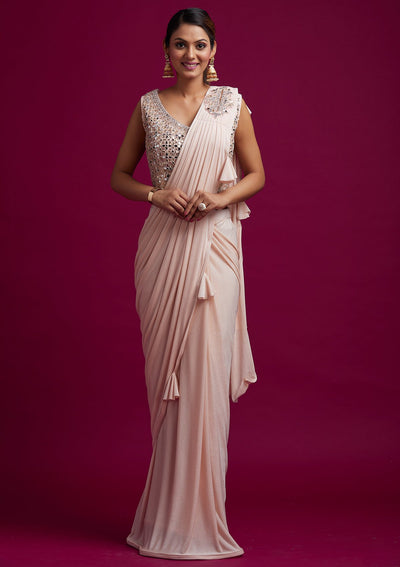 Peach Mirrorwork Lycra Designer Saree - koskii