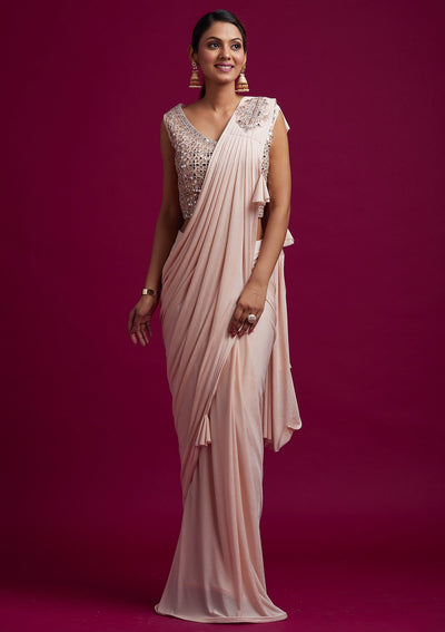 Peach Mirrorwork Lycra Designer Saree - koskii