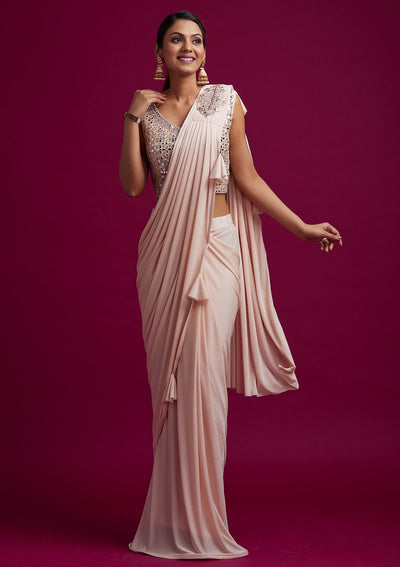 Peach Mirrorwork Lycra Designer Saree - koskii