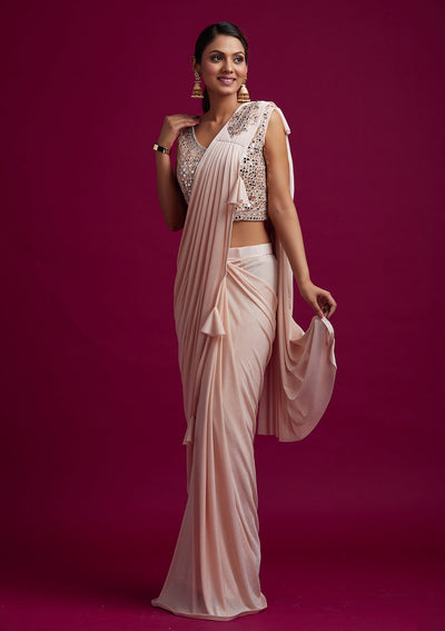 Peach Mirrorwork Lycra Designer Saree - koskii