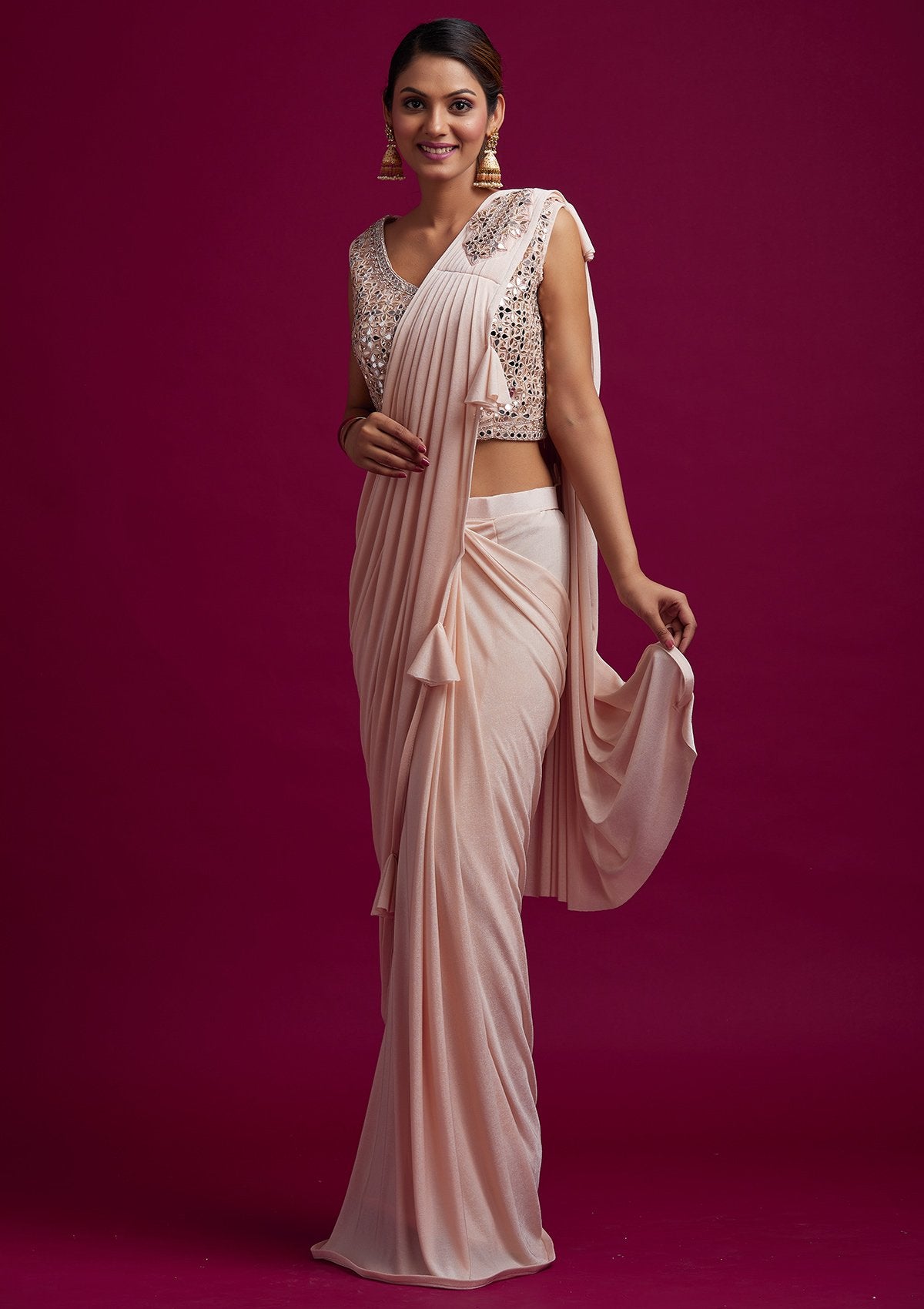 Peach Mirrorwork Lycra Designer Saree - koskii