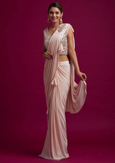 Peach Mirrorwork Lycra Designer Saree - koskii