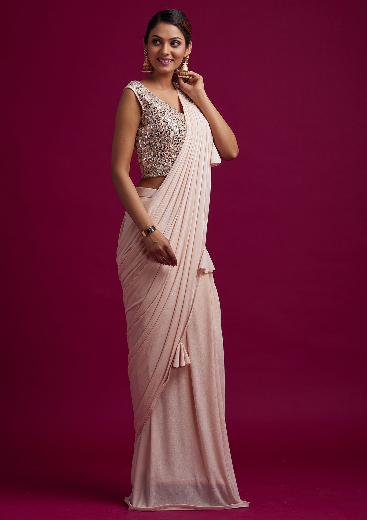 Peach Mirrorwork Lycra Designer Saree - koskii