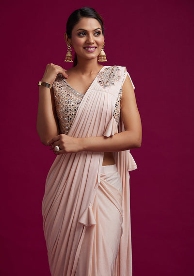 Peach Mirrorwork Lycra Designer Saree - koskii