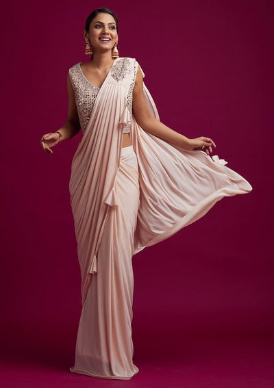 Peach Mirrorwork Lycra Designer Saree - koskii