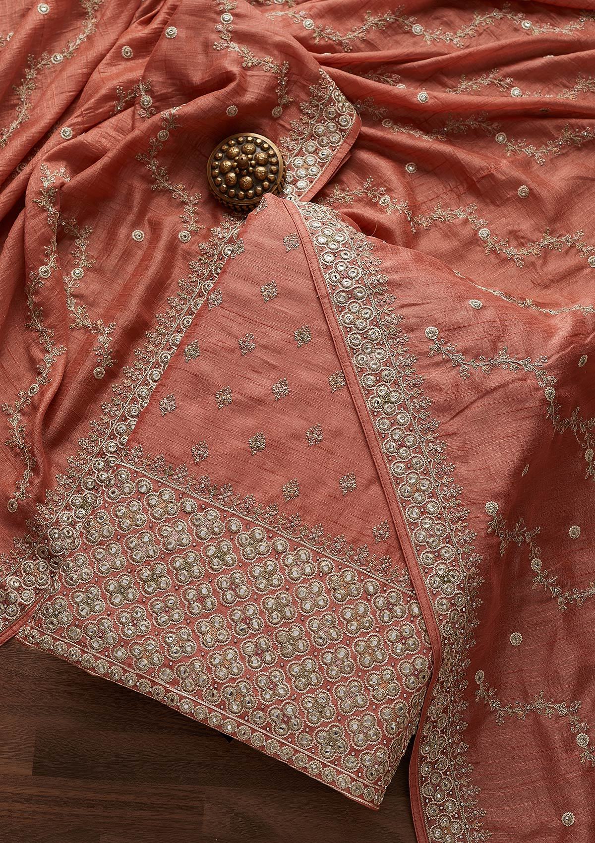 Peach Mirrorwork Raw Silk Designer Unstitched Salwar Suit - Koskii