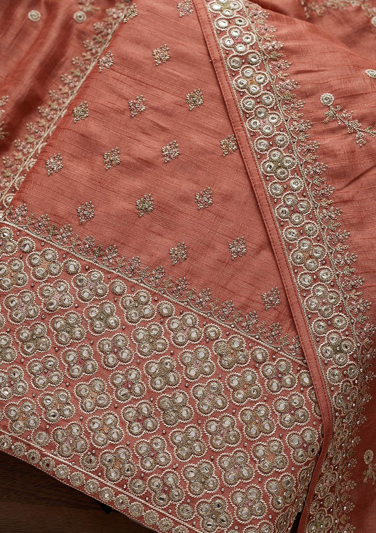 Peach Mirrorwork Raw Silk Designer Unstitched Salwar Suit - Koskii
