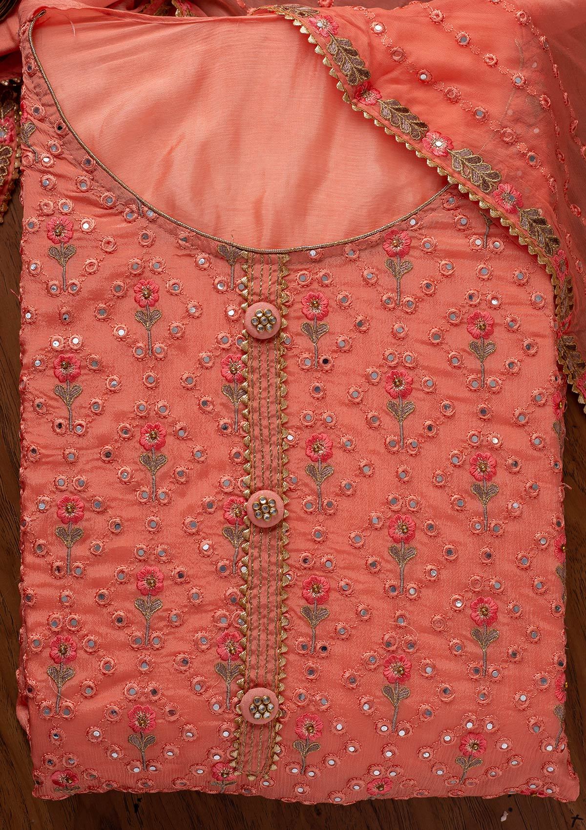 Peach Mirrorwork Semi Crepe Designer Semi-Stitched Salwar Suit - koskii