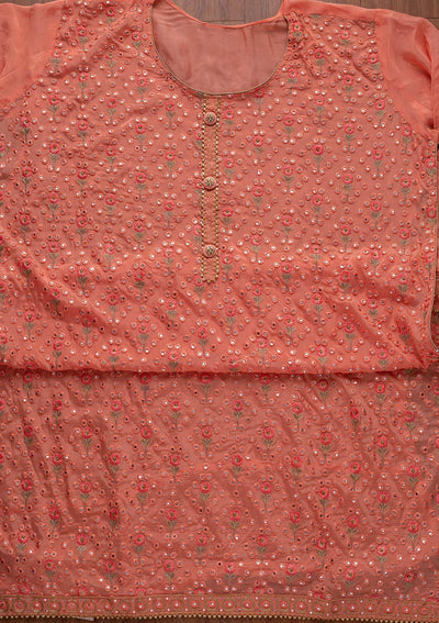 Peach Mirrorwork Semi Crepe Designer Semi-Stitched Salwar Suit - koskii