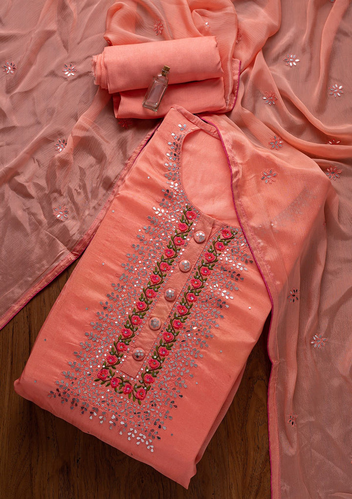 Peach Mirrorwork Semi Crepe Designer Semi-Stitched Salwar Suit - koskii