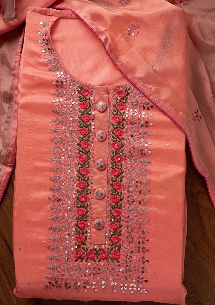Peach Mirrorwork Semi Crepe Designer Semi-Stitched Salwar Suit - koskii