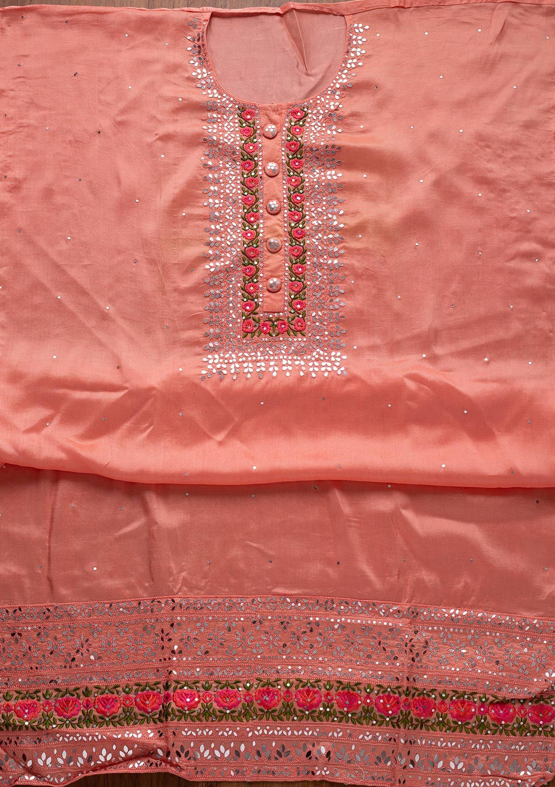 Peach Mirrorwork Semi Crepe Designer Semi-Stitched Salwar Suit - koskii