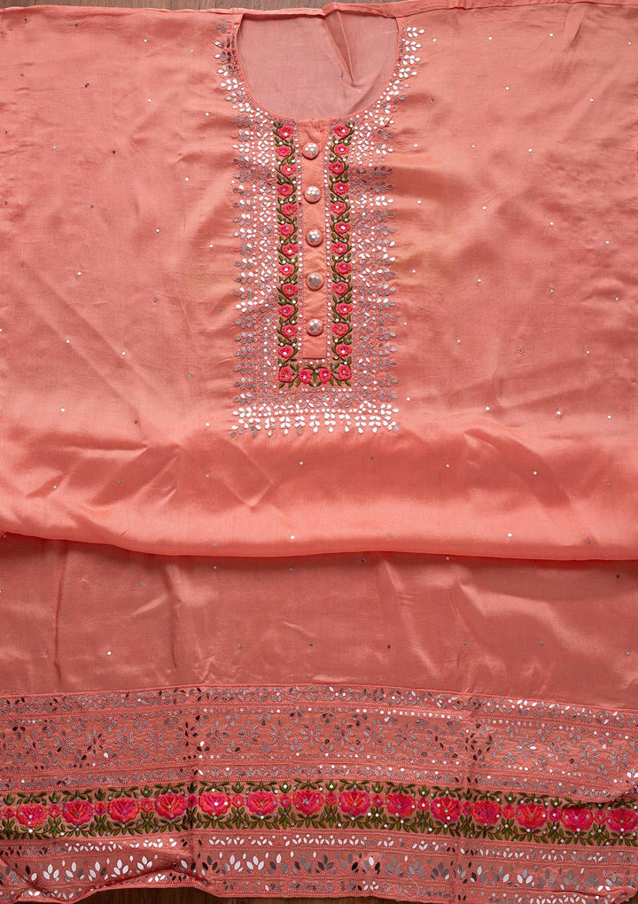 Peach Mirrorwork Semi Crepe Designer Semi-Stitched Salwar Suit - koskii