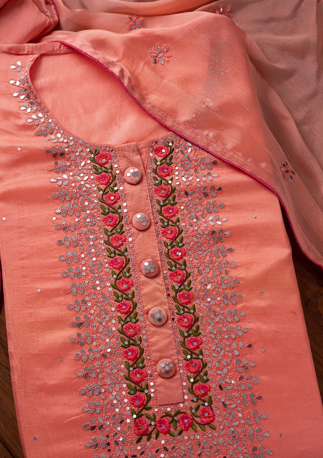 Peach Mirrorwork Semi Crepe Designer Semi-Stitched Salwar Suit - koskii