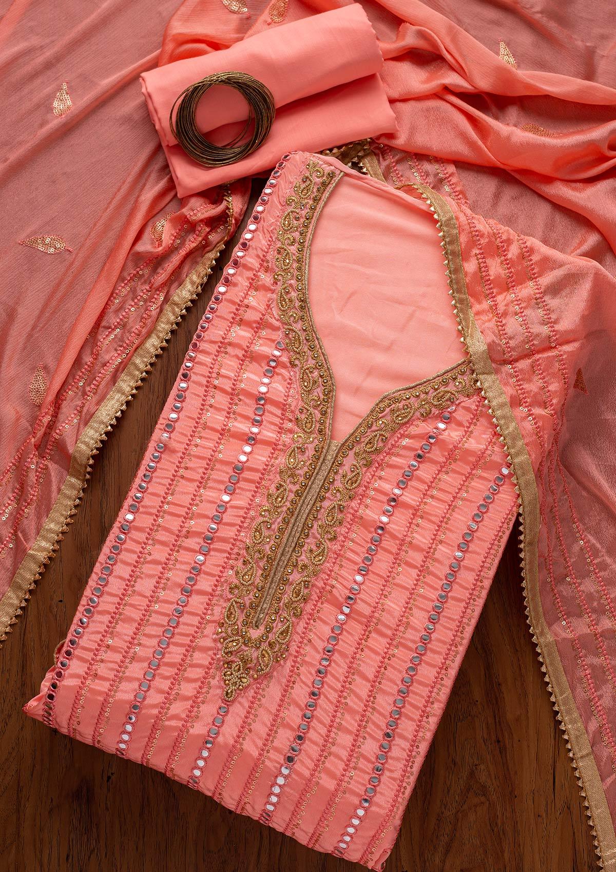 Peach Mirrorwork Semi Crepe Designer Unstitched Salwar Suit - koskii