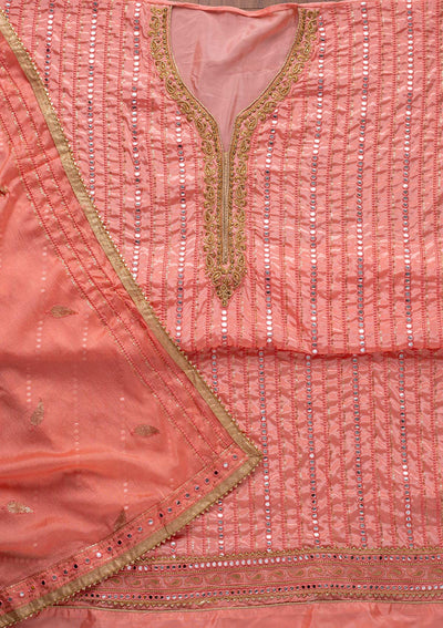 Peach Mirrorwork Semi Crepe Designer Unstitched Salwar Suit - koskii