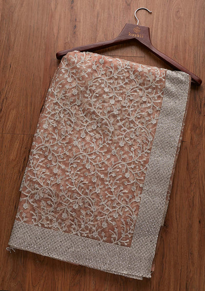 Peach Silver Zariwork Net Designer Saree - koskii