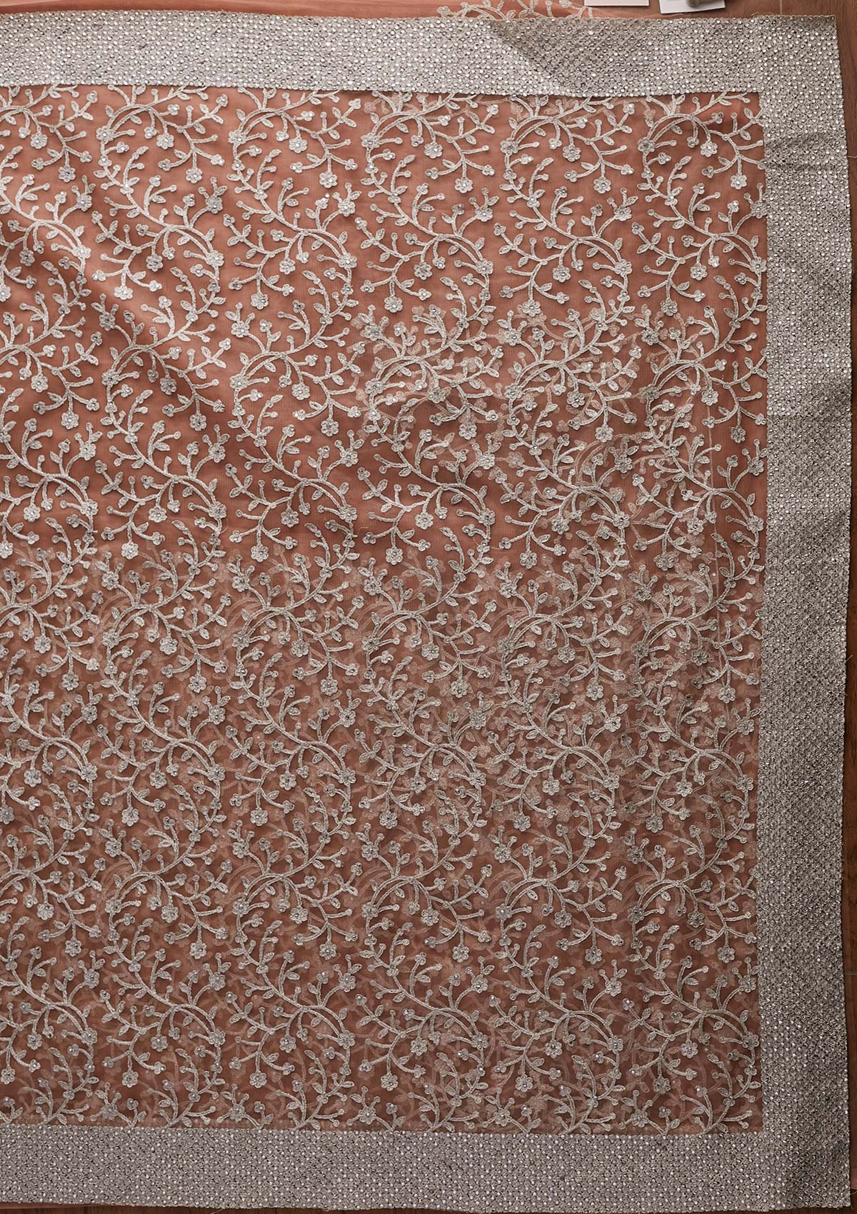 Peach Silver Zariwork Net Designer Saree - koskii
